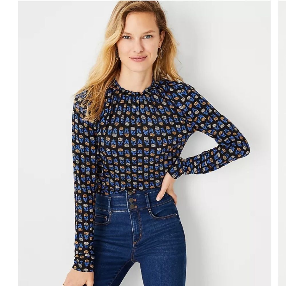 Ann Taylor Petite Floral Ruffle Mock Neck Top, Size S
